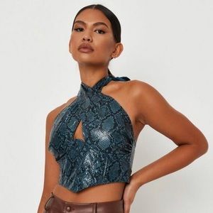 Blue snake print faux leather halter neck top